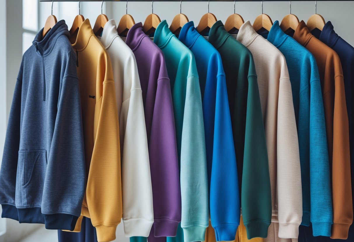 A collection of 13 different tracksuits made from various cotton and cotton blend fabrics displayed on hangers and mannequins against a plain background.
