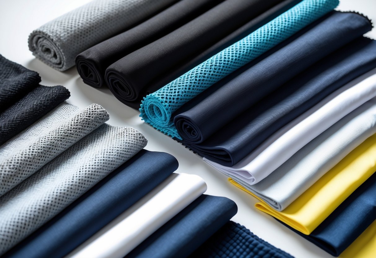 Thirteen different tracksuit fabric samples arranged neatly on a plain background, showing various textures and colors.