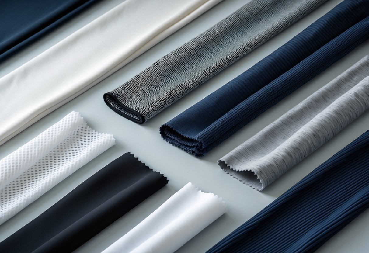 A collection of 13 different tracksuit fabric samples arranged on a flat surface, showing a variety of textures and colors.