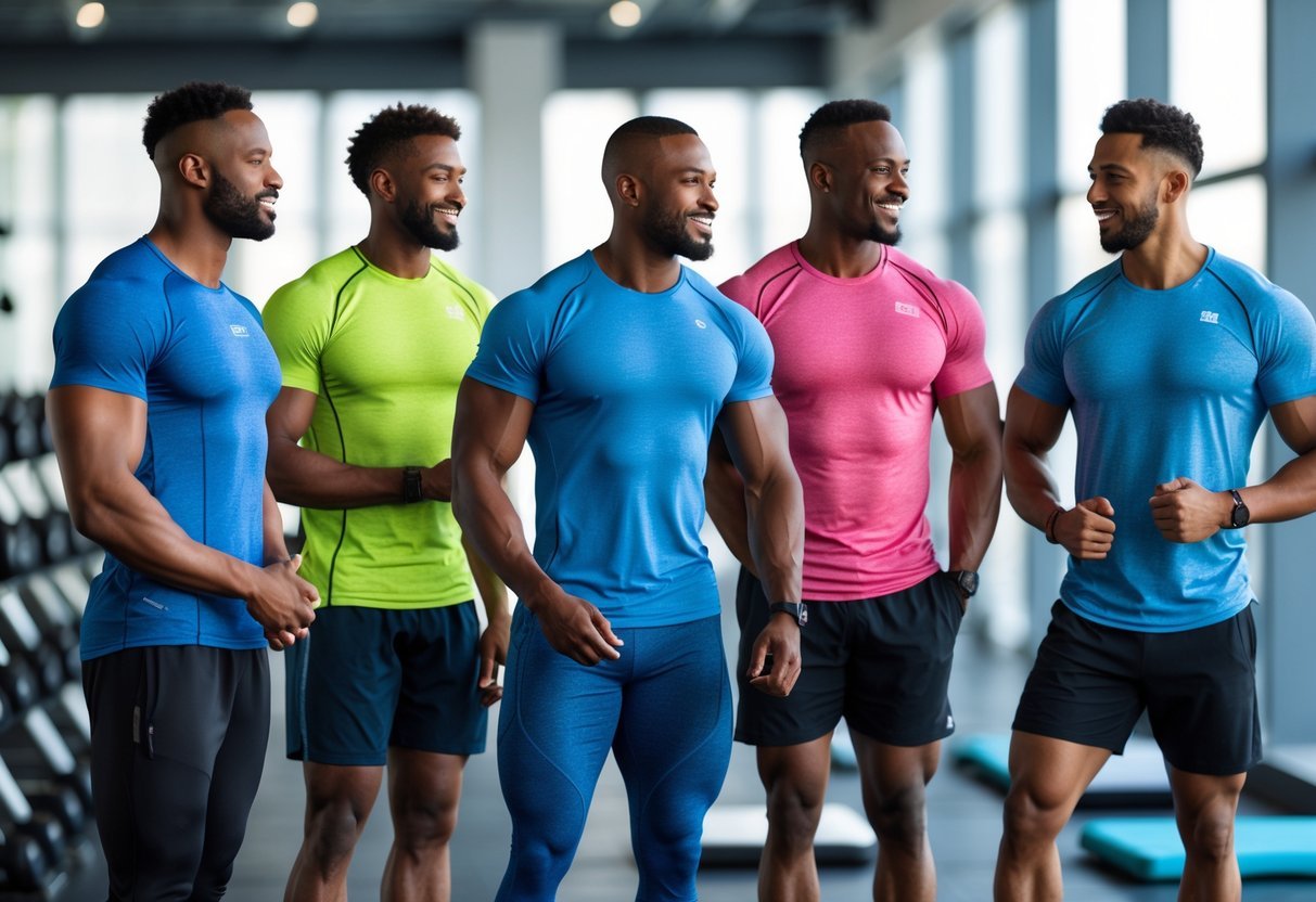 A group of fit men wearing different workout shirts standing together in a gym with exercise equipment in the background.