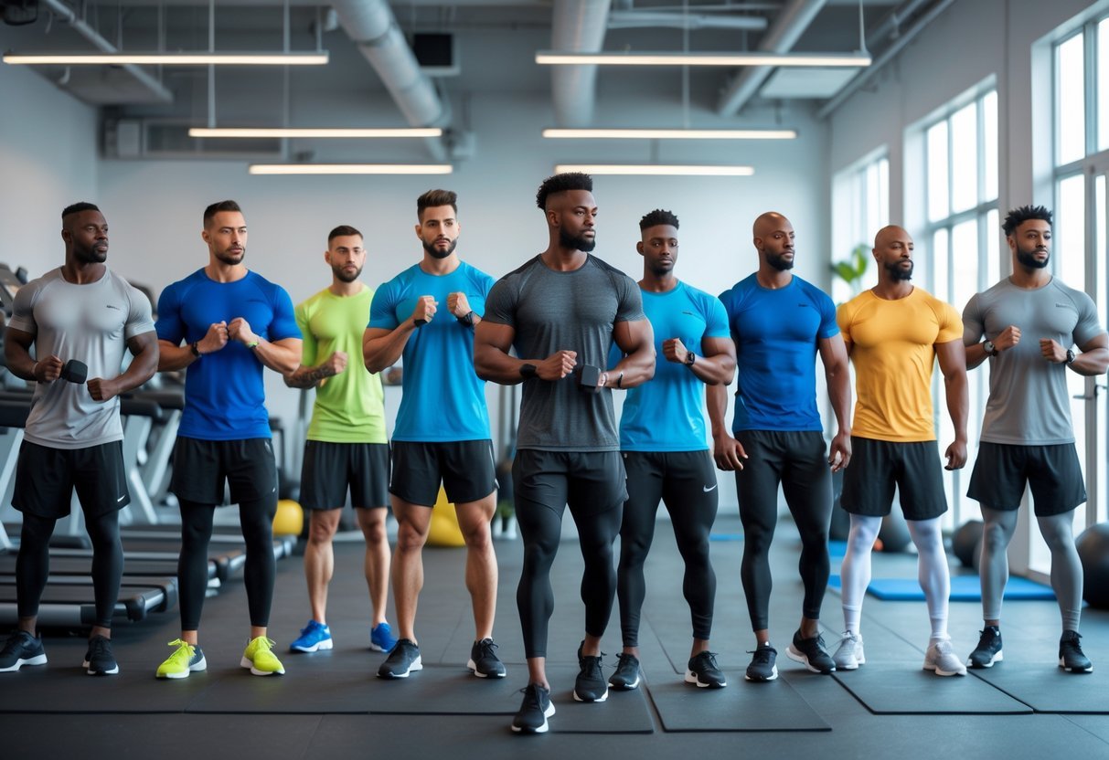 A group of men wearing different workout shirts in a gym, preparing for exercise with gym equipment around them.