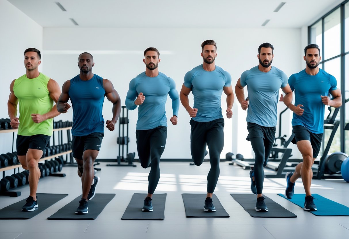Four men exercising in a gym, each wearing a different type of workout shirt while performing various fitness activities.