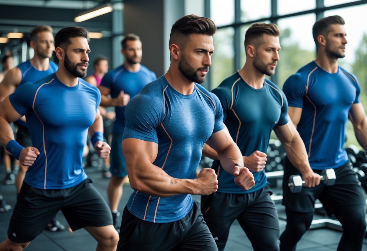 A group of men exercising in a gym wearing durable workout shirts while lifting weights and running.