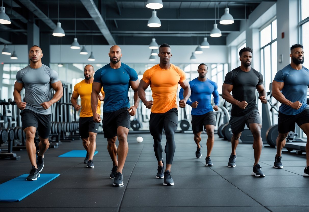 A group of men exercising in a gym, wearing different workout shirts while performing various fitness activities.