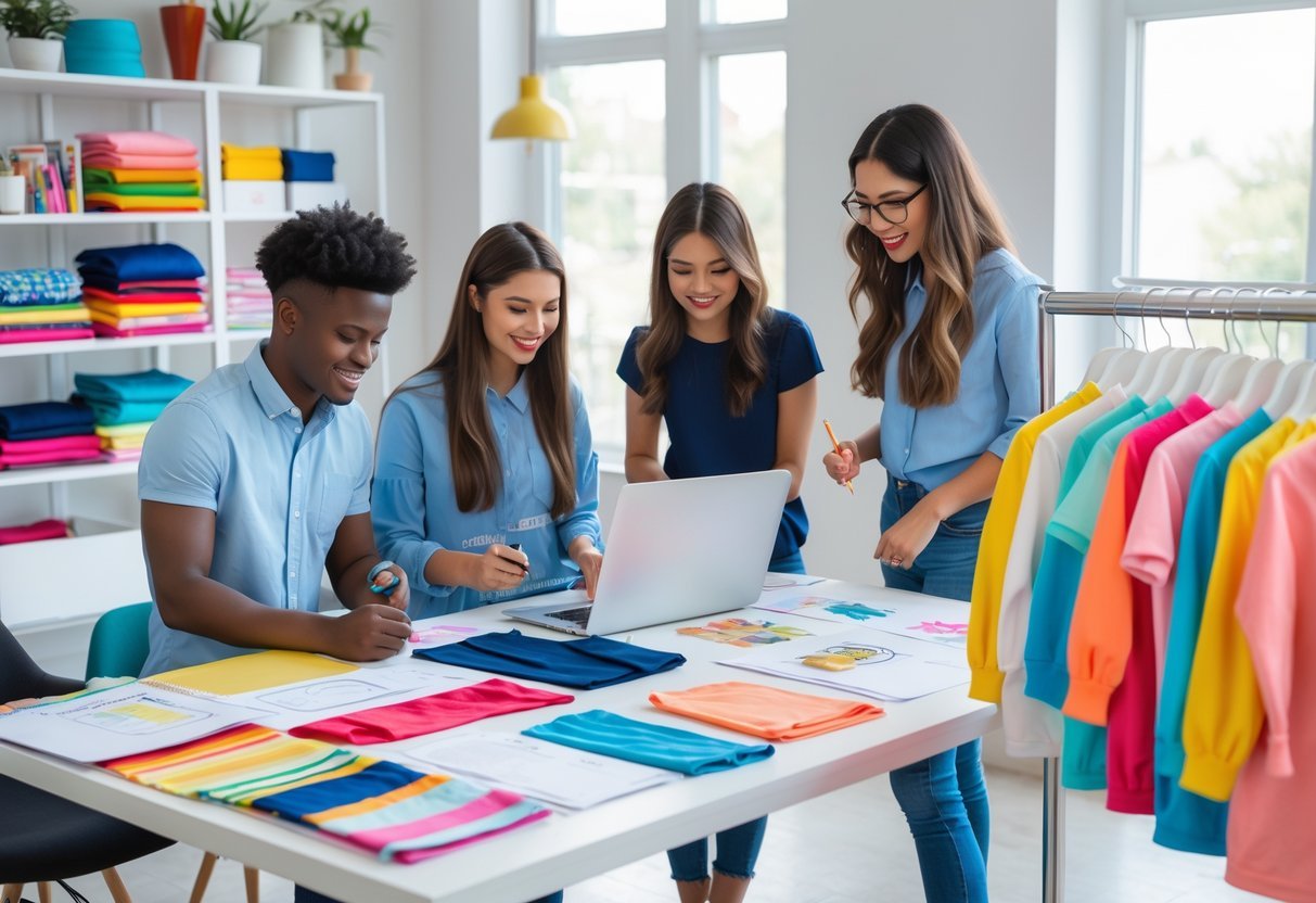 A group of people working together around a table with fabric, sketches, and children's clothes in a bright office.