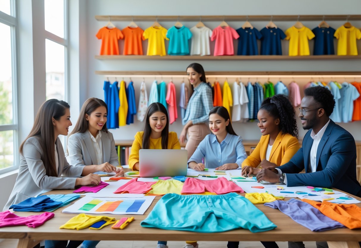 A group of people working together at a table covered with kids' clothing sketches, fabric samples, and a laptop in a bright room with children's clothes on shelves.