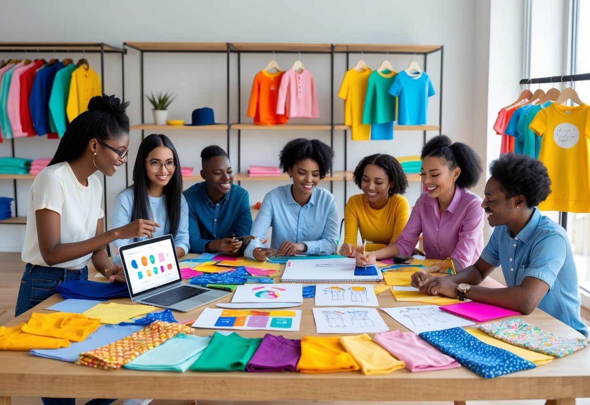 A group of people working together at a table with fabric, sketches, and children's clothing in a bright room.