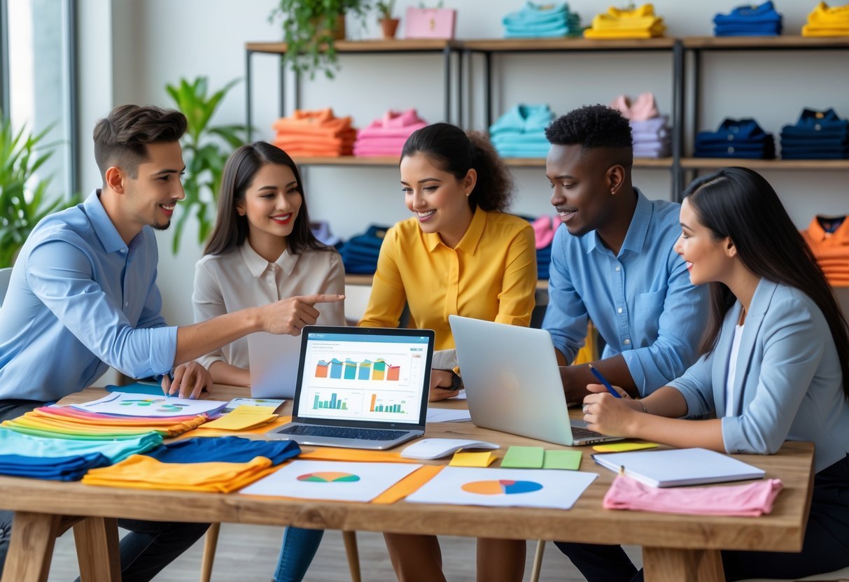 A group of people working together around a table with kids clothing designs, laptops, and fabric samples in a bright workspace.