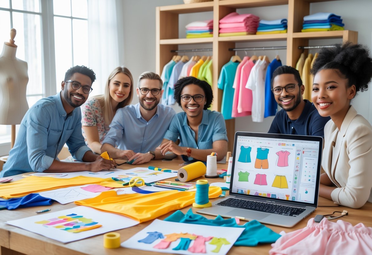 A group of people working together at a table with kids clothing sketches, fabrics, and sewing tools in a bright room with mannequins dressed in children's clothes nearby.