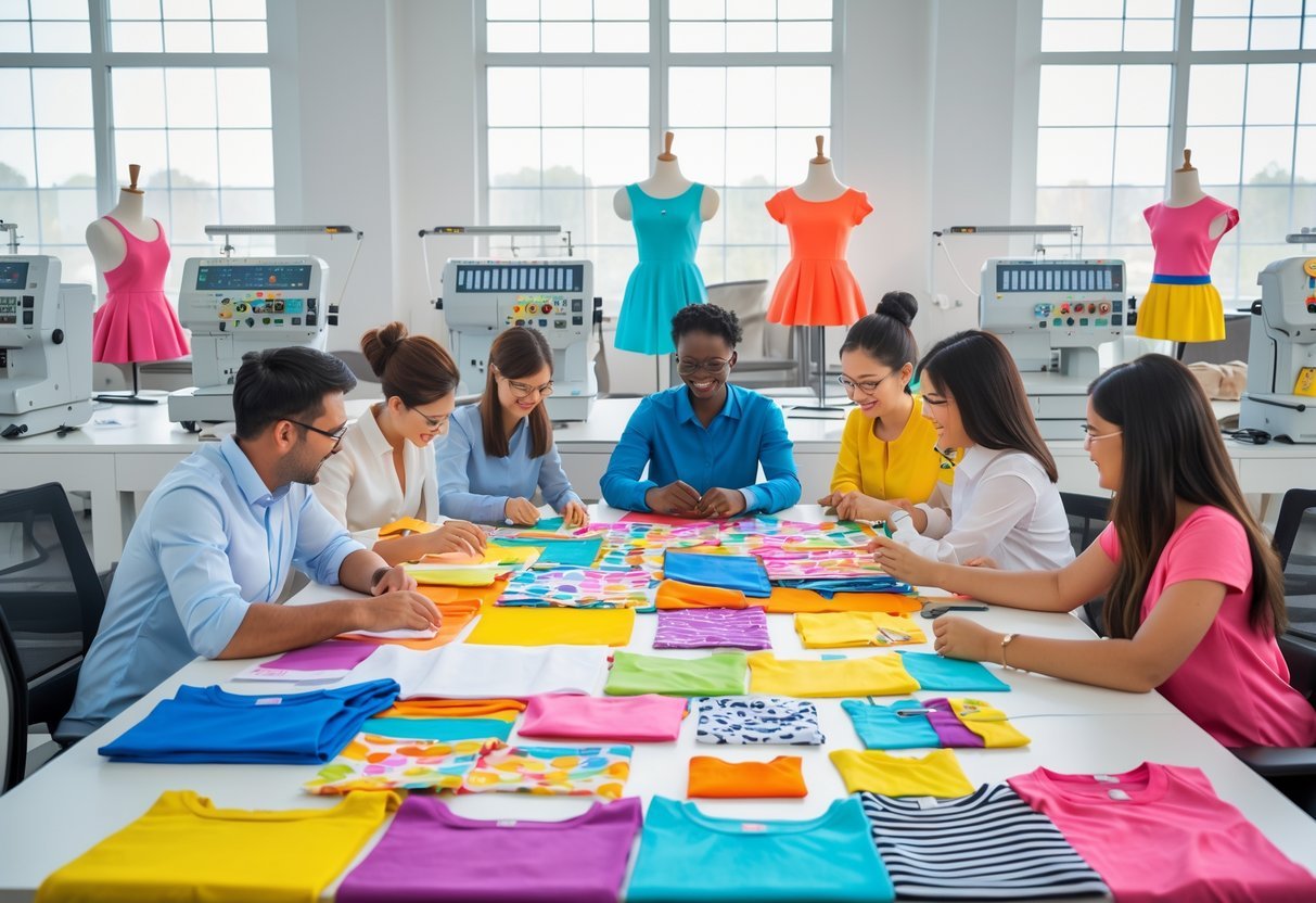 A group of people working together with colorful children's fabrics and sewing machines in a bright clothing production workspace.