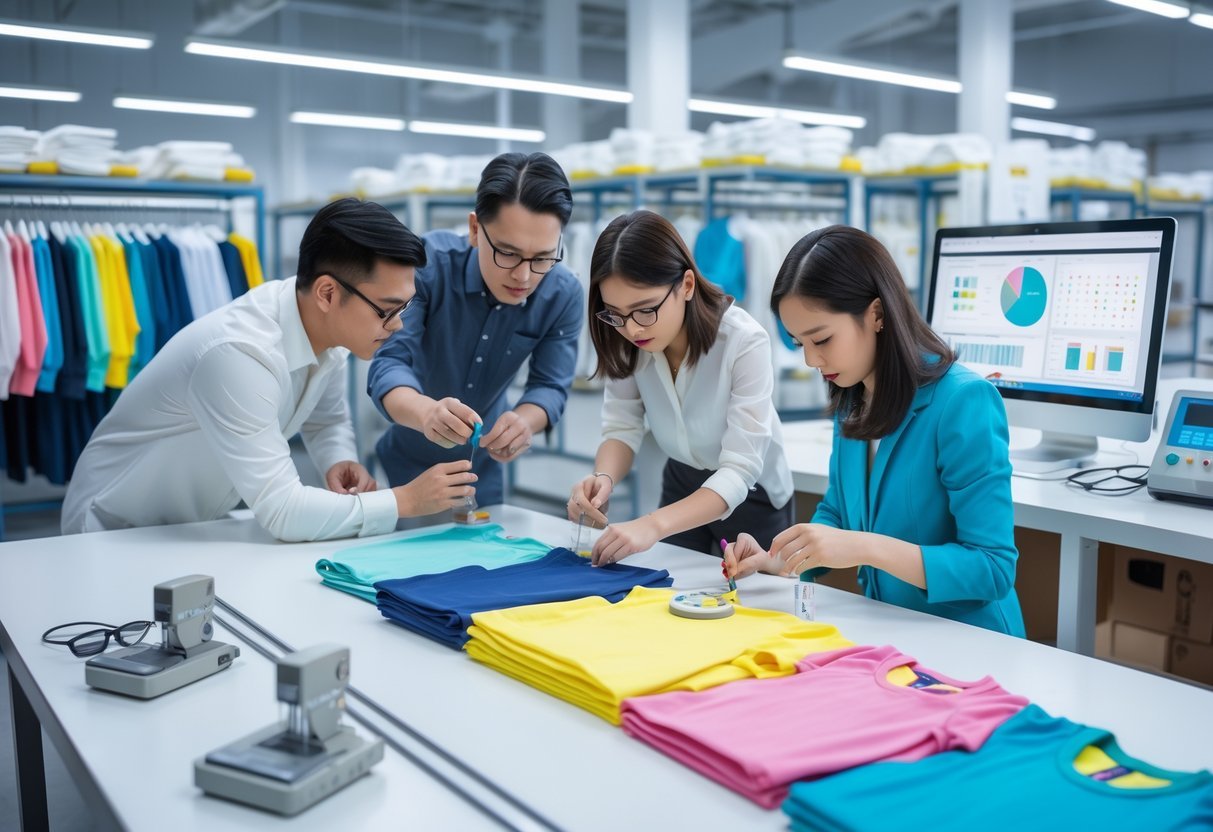 Technicians inspecting and measuring colorful children's clothing samples in a bright workspace with quality testing equipment and computer screens.