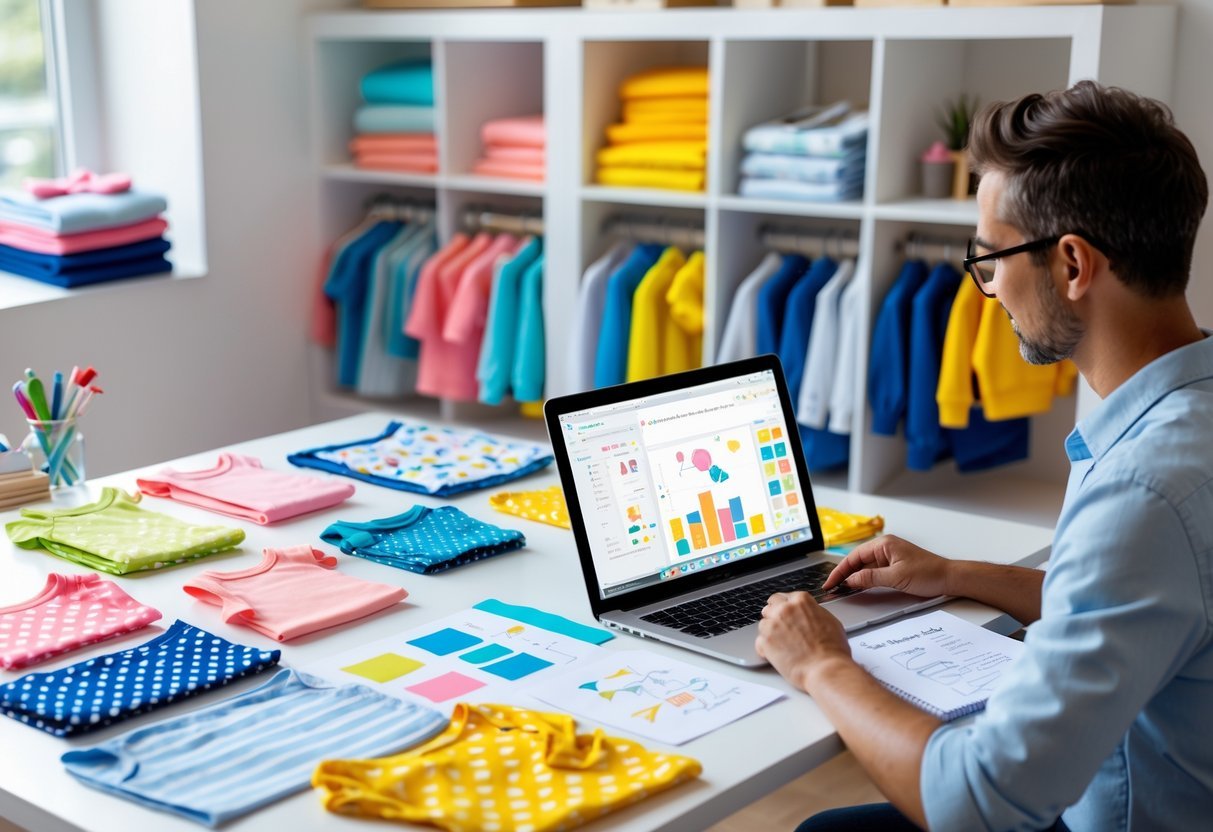 A person reviewing notes at a desk with children's clothing samples, sketches, and a laptop in a bright workspace.