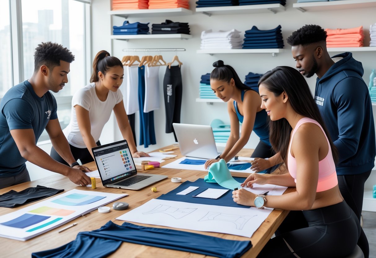 A group of people working together on designing fitness clothing in a bright workspace with sketches, fabric samples, and a laptop.