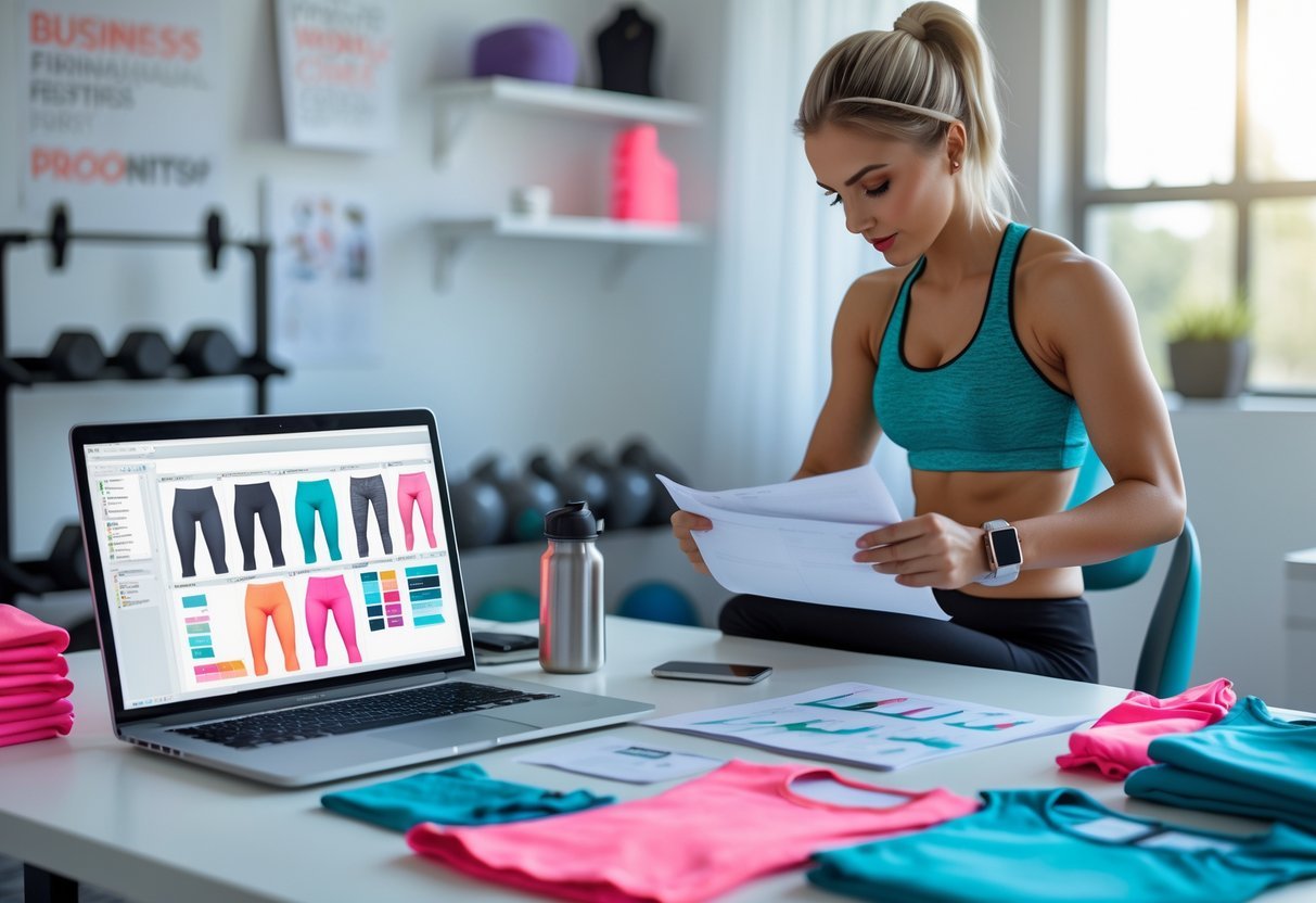 A person reviewing fitness clothing designs and business notes at a desk with samples of athletic wear and fitness accessories nearby.