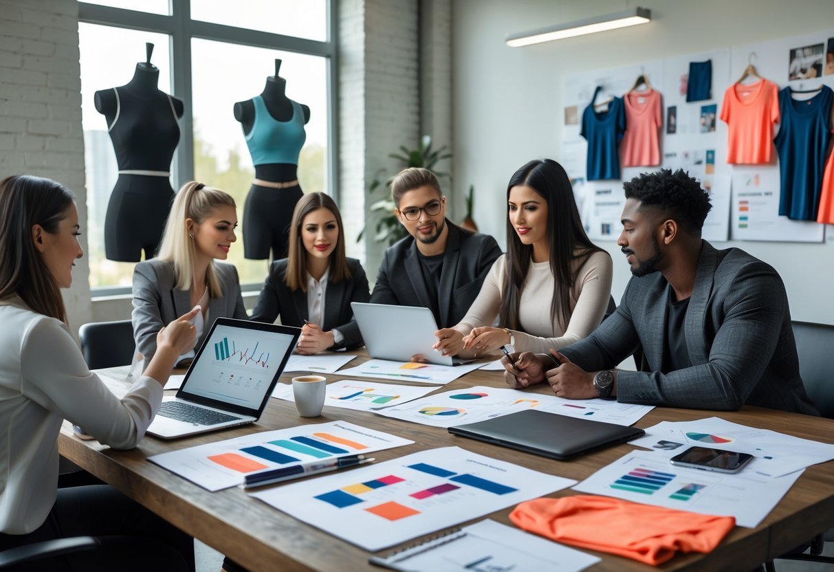 A group of people working together around a table with clothing designs, fabric samples, and laptops in a bright room with mannequins wearing fitness clothes in the background.