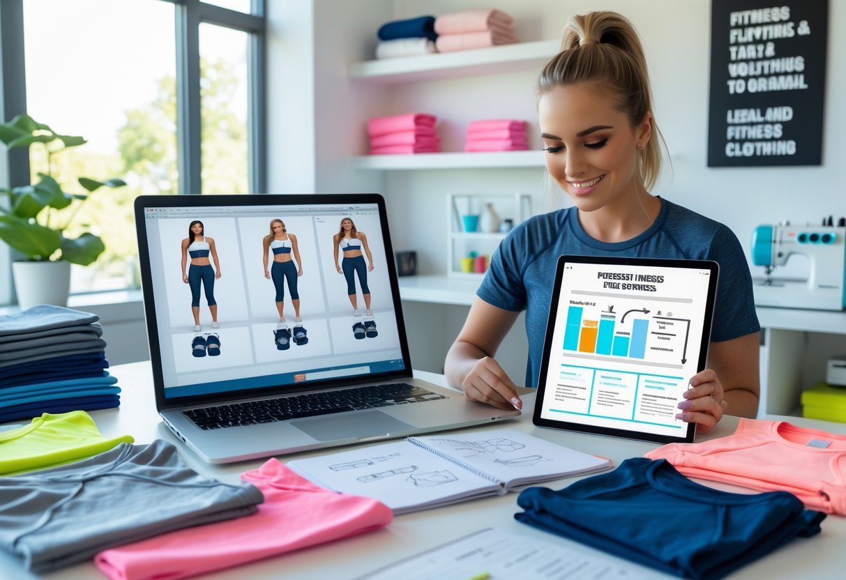 A person working at a desk with fitness clothing samples, sketches, and business planning materials in a bright office.