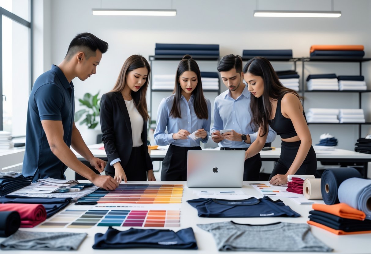 A group of professionals working together at a table with fabric samples, sketches, and a laptop in a bright workspace focused on fitness clothing design and production.