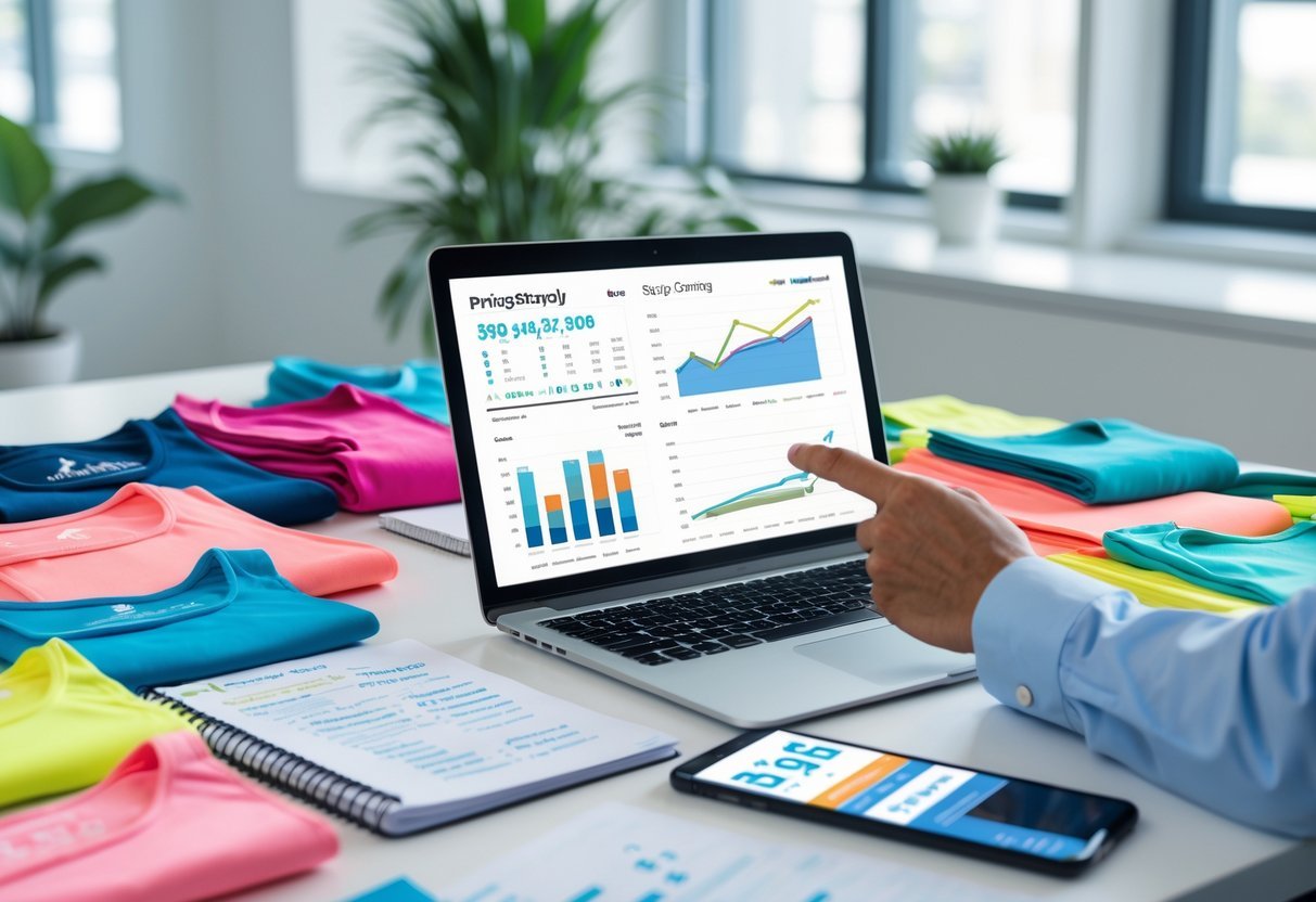 A person analyzing financial charts on a laptop with fitness clothing samples on the desk in a bright office.