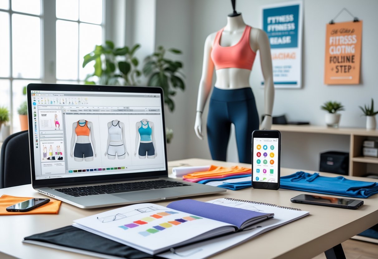 A workspace with a laptop, clothing sketches, fabric samples, and a mannequin wearing fitness apparel.
