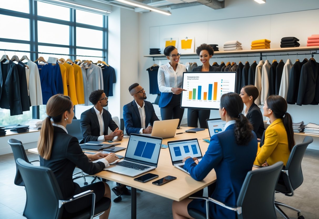 A group of professionals in a meeting room discussing fashion marketing strategies with laptops, clothing samples, and charts.