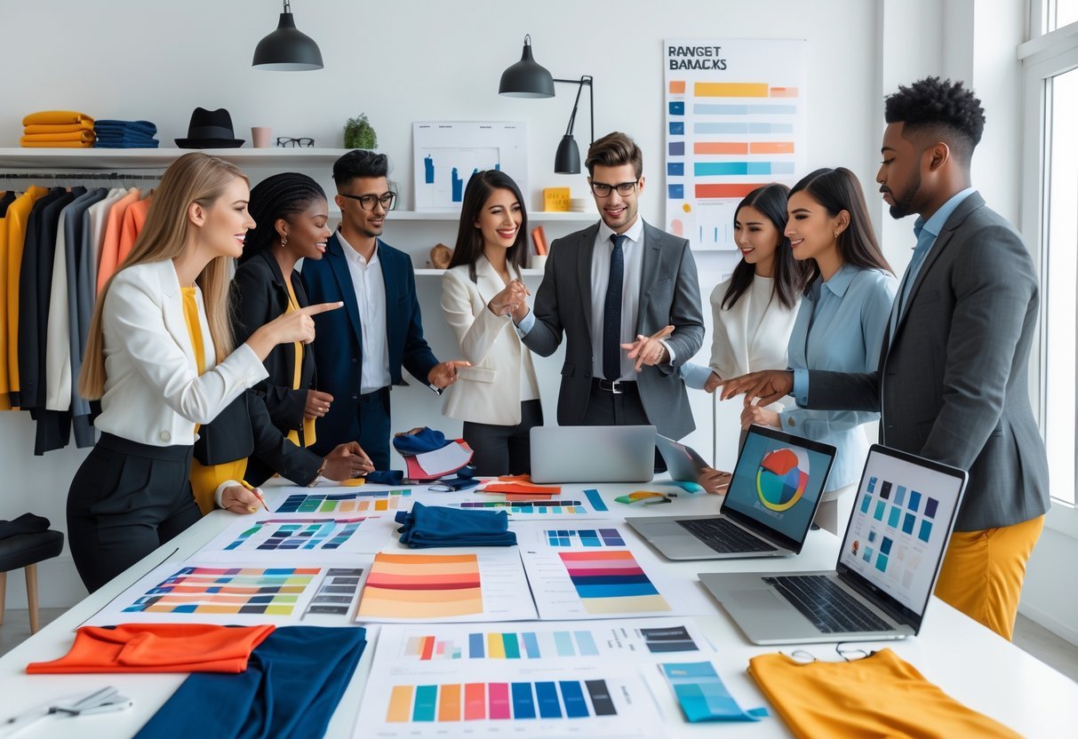 A group of professionals working together around a table covered with fashion designs, fabric samples, and laptops in a bright office.