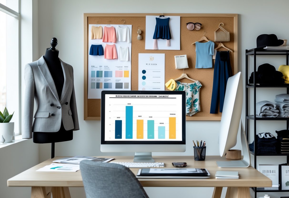 A workspace with clothing sketches, fabric swatches, a laptop showing branding designs, and a mannequin dressed in trendy clothes.