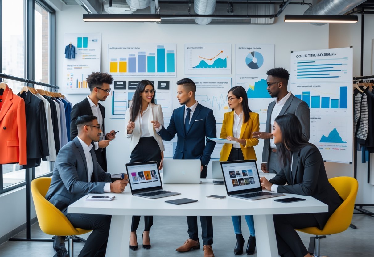 A group of professionals collaborating around a table with devices showing social media and fashion content, with clothing racks and charts in the background.