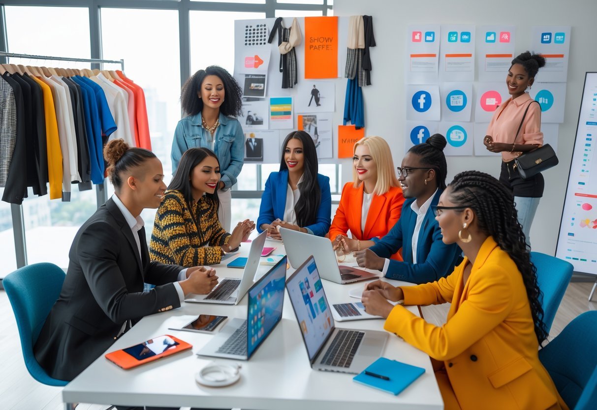 A group of diverse professionals in a modern office collaborating on fashion marketing strategies with clothing samples and digital devices.