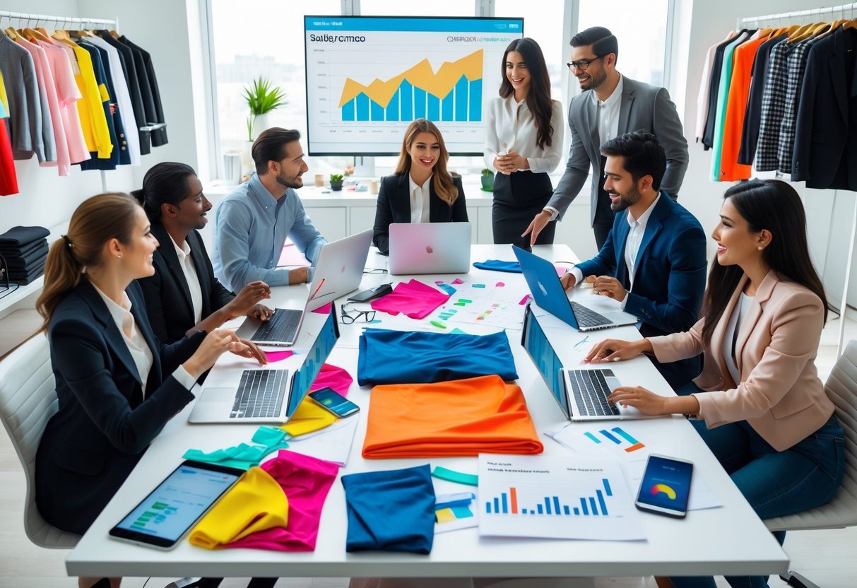 A group of professionals working together in an office surrounded by clothing samples and digital devices showing marketing data.