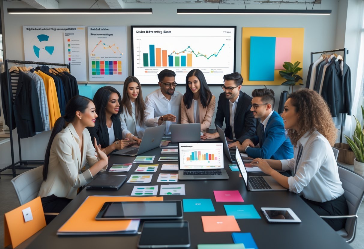 A group of professionals collaborating in a fashion marketing office with laptops, clothing racks, and digital charts.