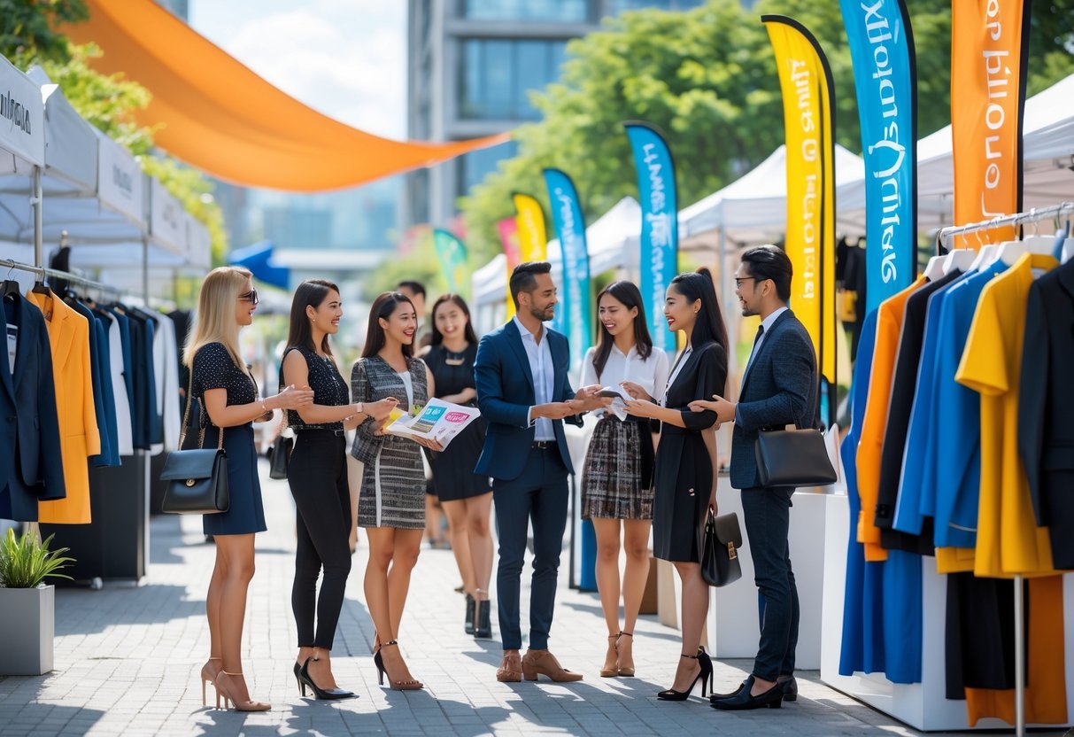 People interacting at an outdoor fashion marketplace with clothing stalls and promotional displays.