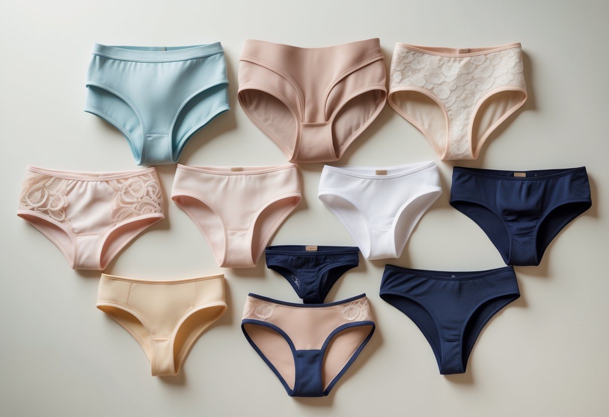 A flat lay of various types of women's panties arranged neatly on a neutral background.