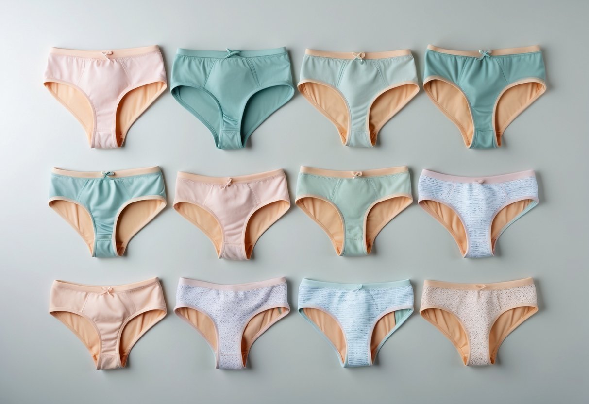 A variety of women's briefs arranged neatly on a neutral background, showing different styles and colors.