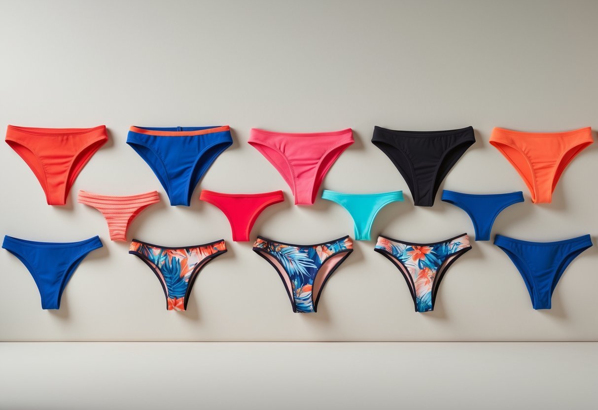 A variety of bikini bottoms in different styles and colors arranged neatly on a plain background.