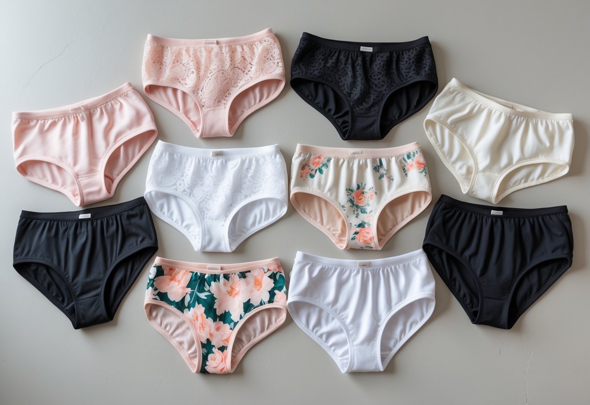 A variety of women's boyshort panties in different colors and fabrics arranged on a flat surface.