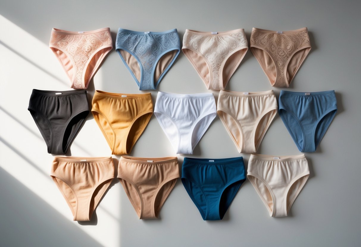 A flat lay of various styles and colors of women's thong panties arranged on a neutral background.