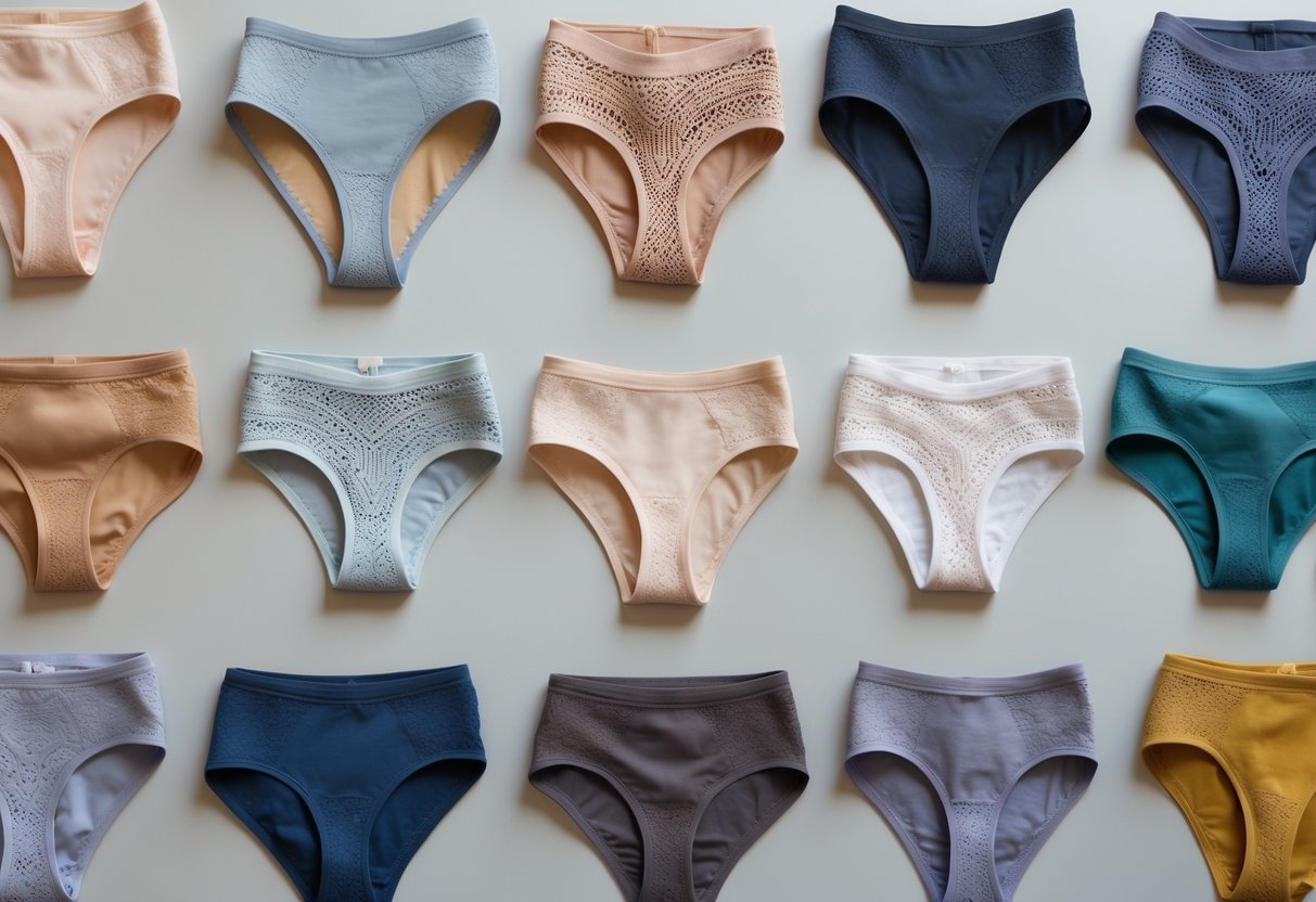 Flat lay of several pairs of women's hipster panties in different colors and fabrics arranged on a plain background.