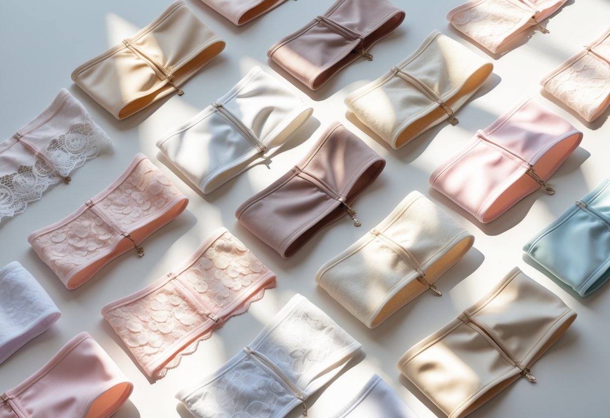 A variety of high-waist panties arranged neatly on a neutral background.