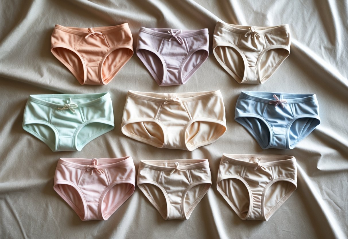 An assortment of different types of cotton panties arranged neatly on a soft fabric background.