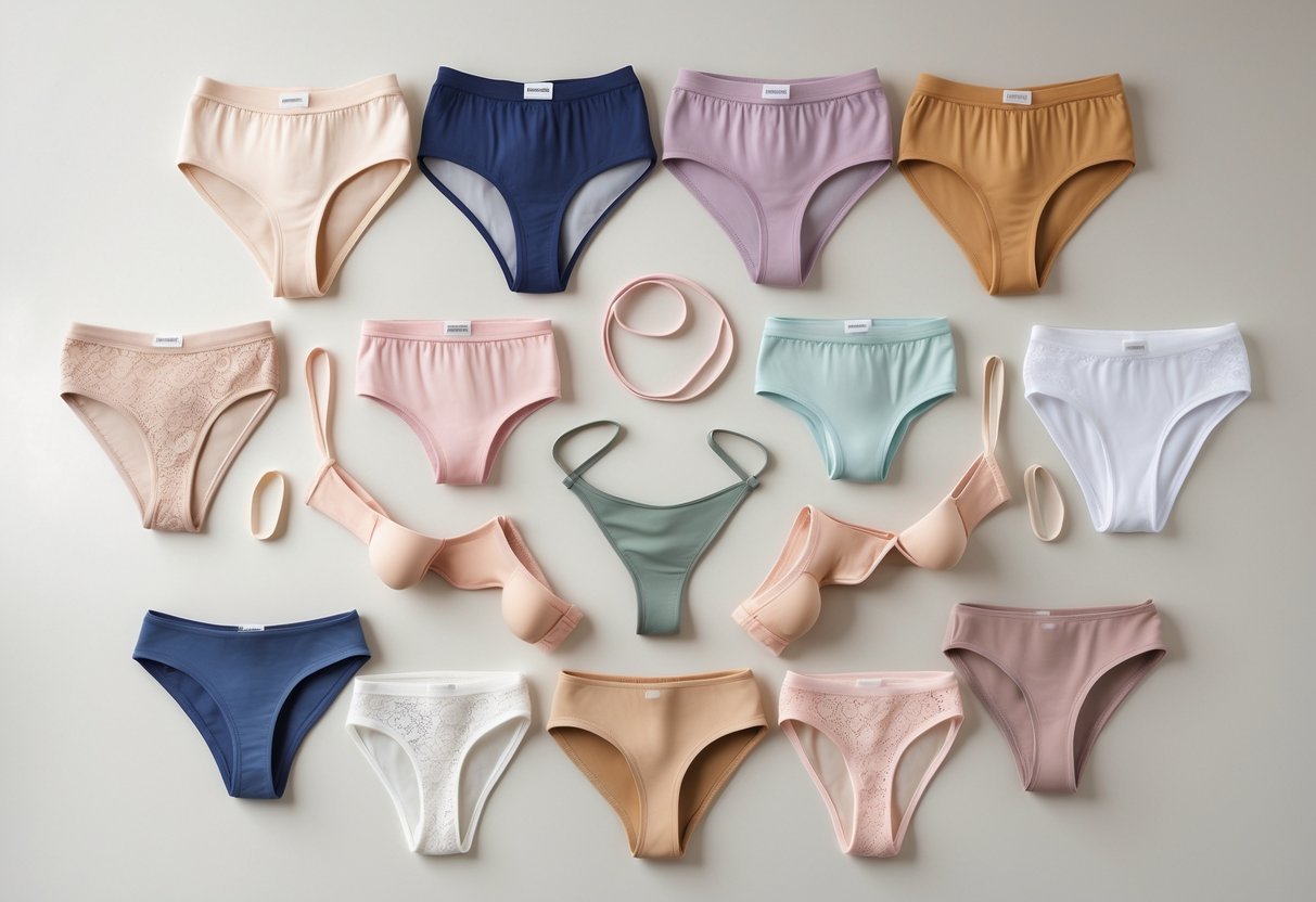 Flat lay of various types of women's panties arranged neatly on a neutral background.