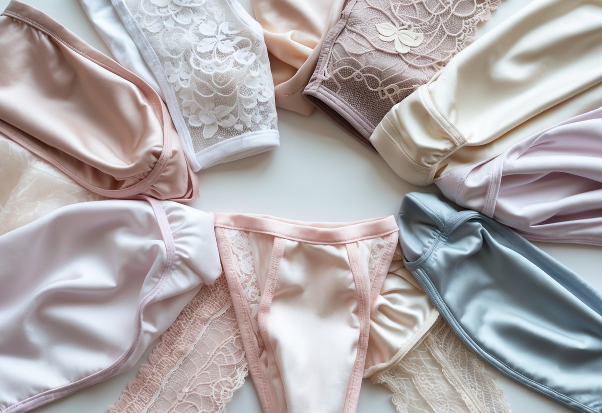 Flat lay of different types of women's panties made from various fabrics arranged on a white background.