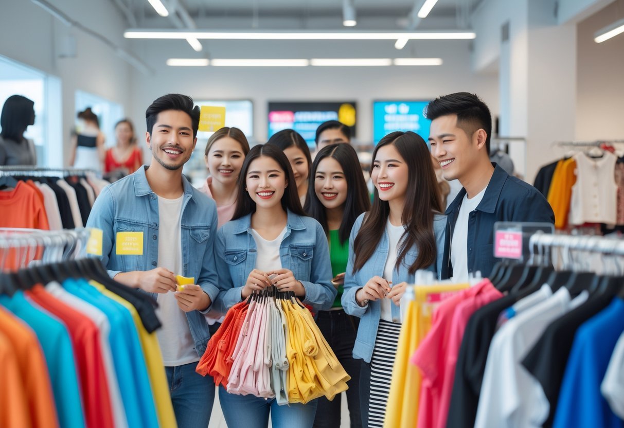A group of diverse young adults happily shopping for trendy clothes in a bright, modern clothing store filled with colorful garments.