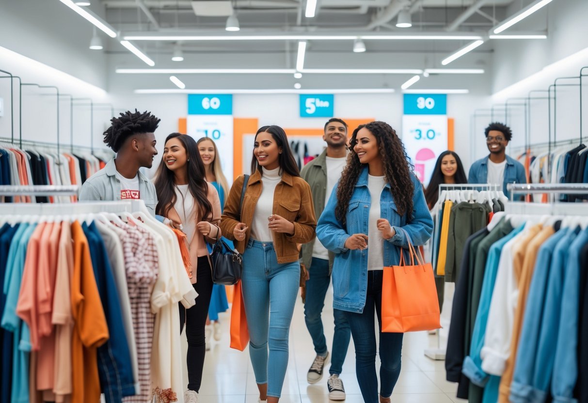 A group of diverse young adults happily shopping for clothes in a bright, modern clothing store.