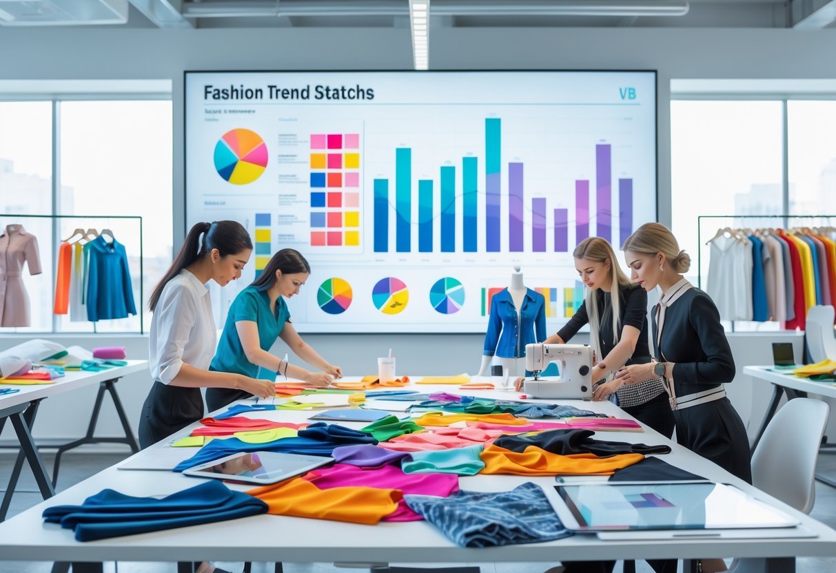 A group of diverse fashion designers working together in a bright studio with fabric swatches, sketches, and a mannequin dressed in trendy clothing.