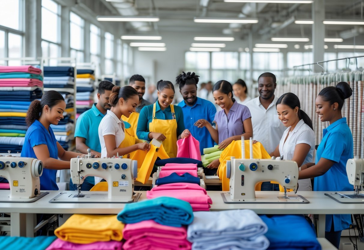 A diverse group of factory workers making clothing in a bright, organized textile factory, showing teamwork and productivity.