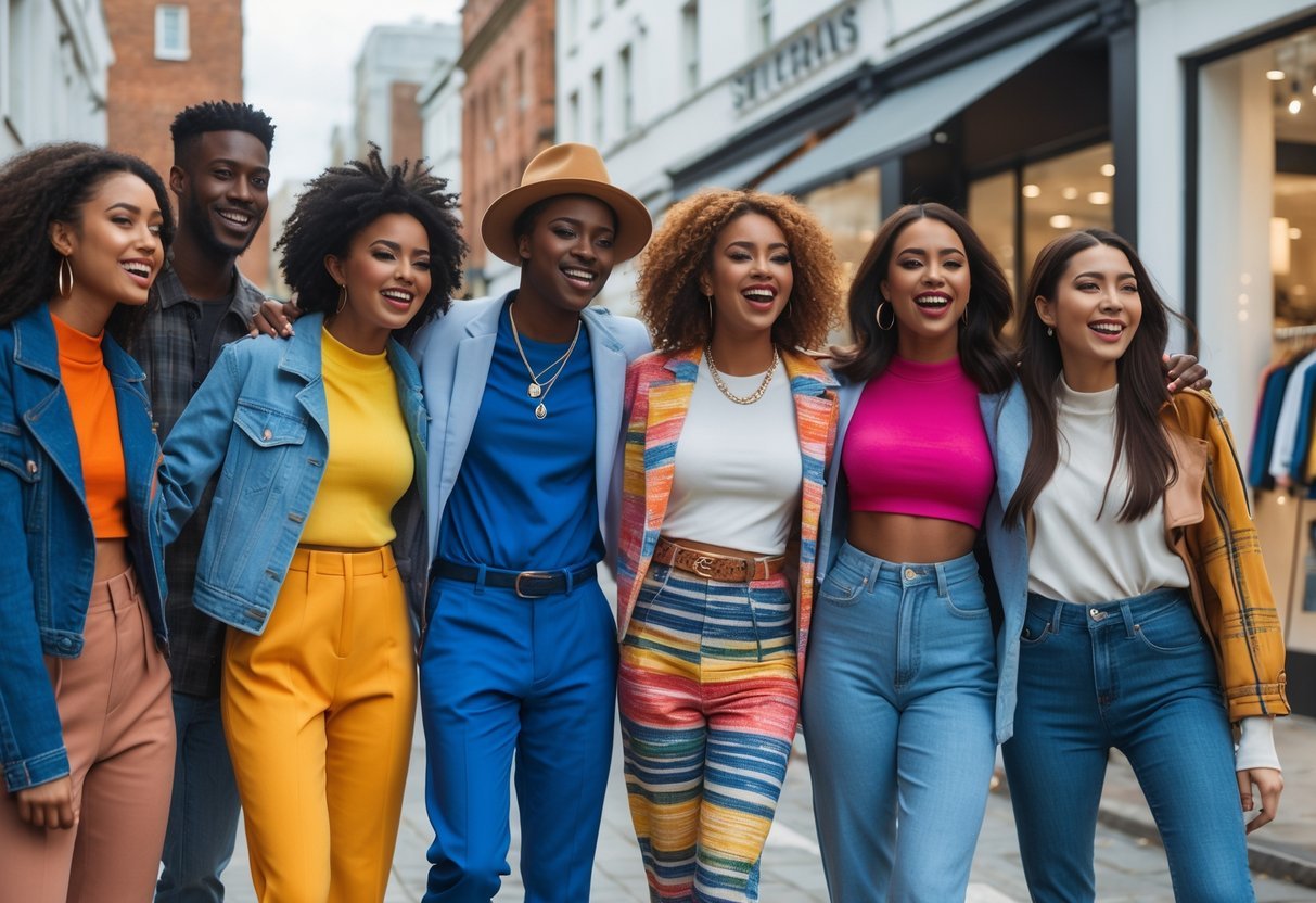 A group of diverse young adults wearing colorful and trendy outfits standing together on a city street, smiling and interacting.