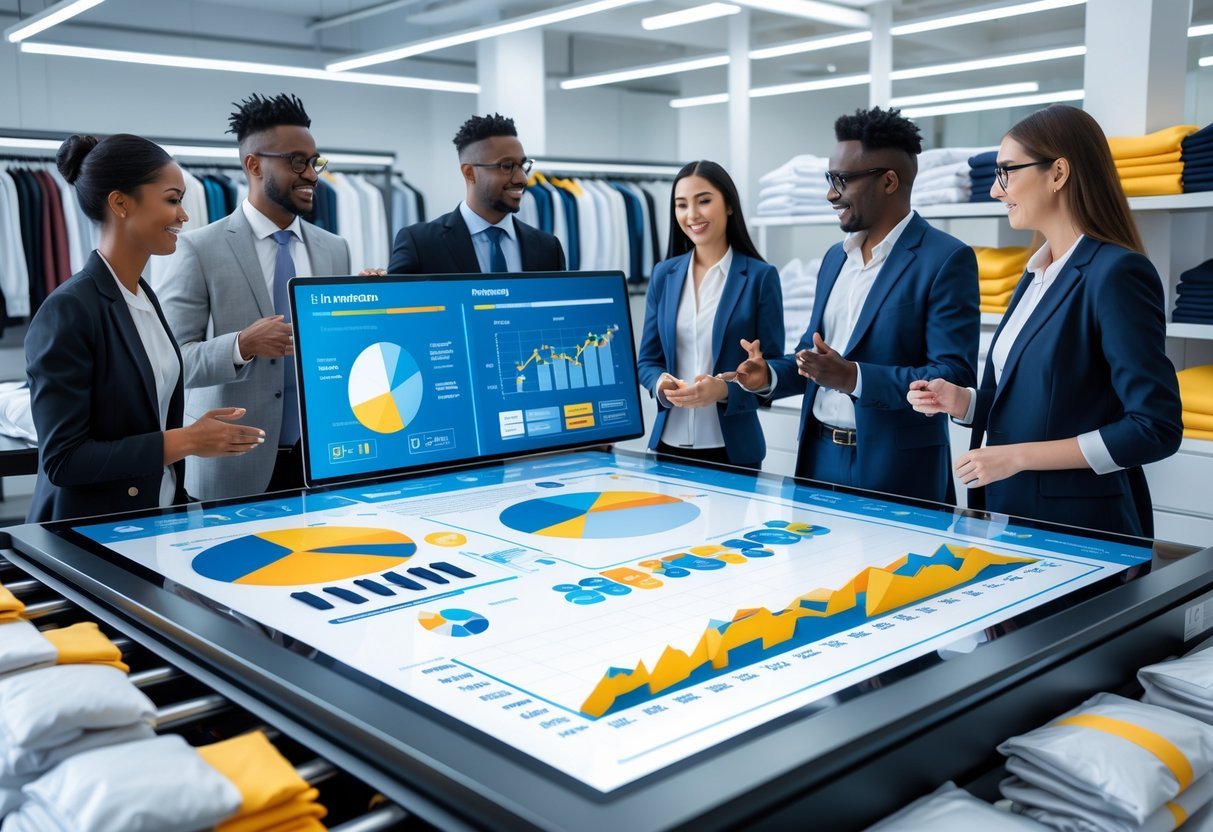 Professionals collaborating around a digital table with charts and clothing items in a modern office representing fast fashion supply chain efficiency.