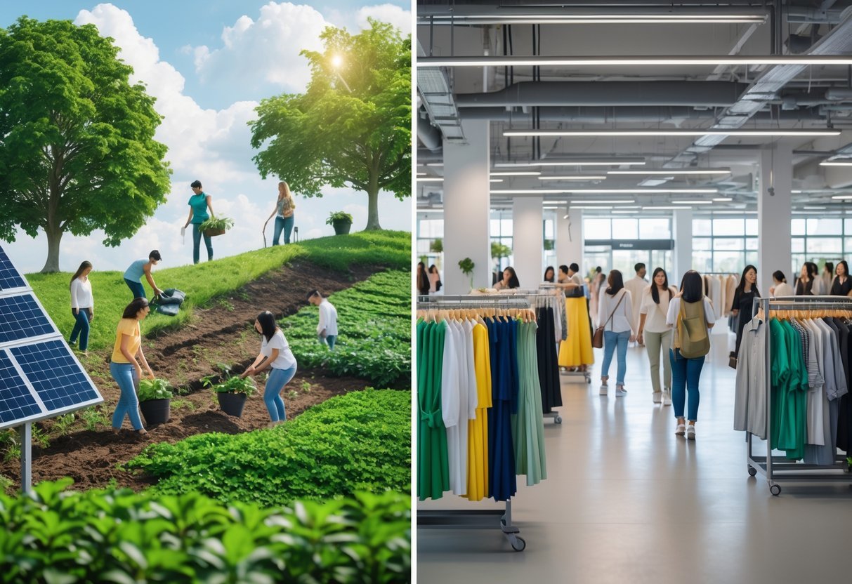 A scene showing people planting trees and recycling clothes on one side, and shoppers browsing trendy clothing in a store on the other side.