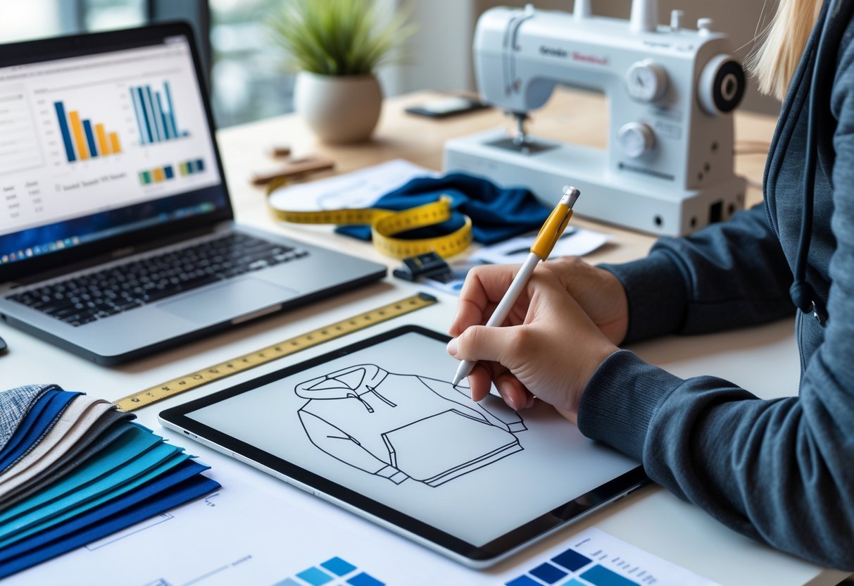 Hands sketching hoodie designs at a workspace with fabric samples, measuring tape, sewing machine, and a laptop showing cost calculations.