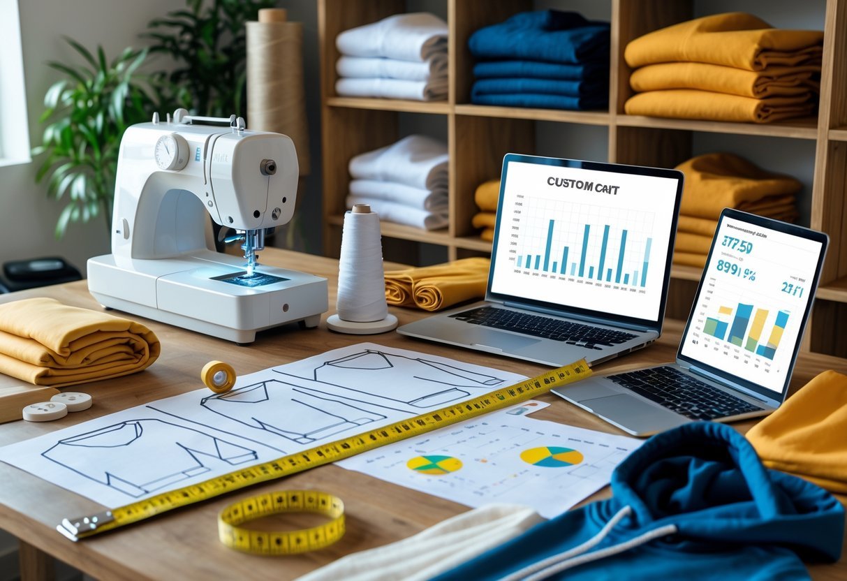 A workspace showing sewing materials, fabric, design sketches, and a laptop with charts, representing factors involved in making a custom hoodie.